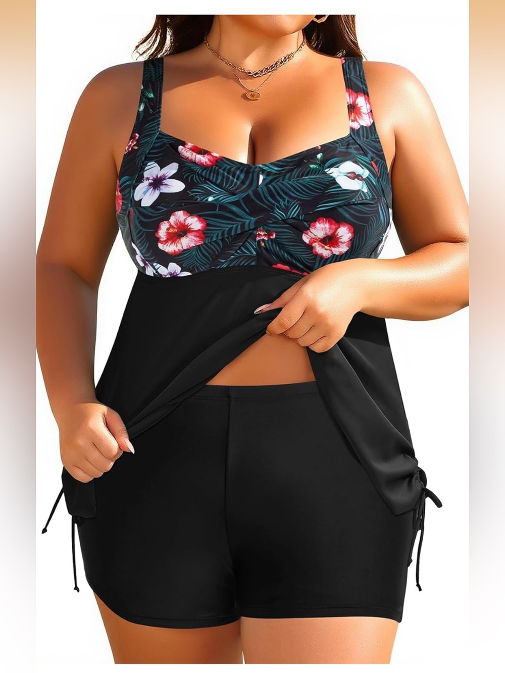 Plus Size Tankini Swimsuit Two Piece Flowy Swimdress  w/Shorts Black 1223/bb6-4